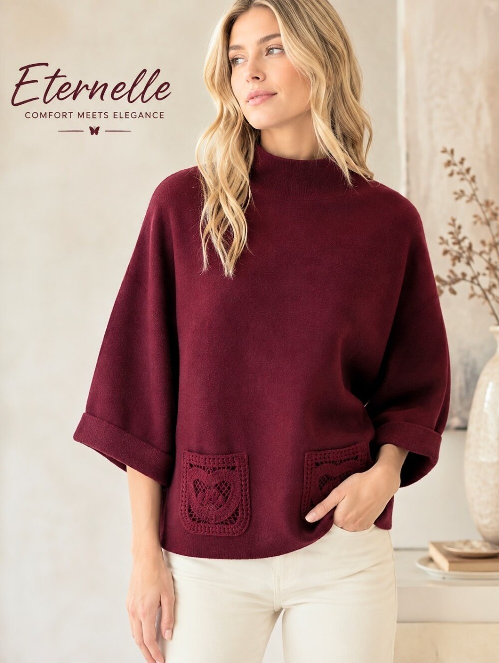 ETERNELLE Mock Turtle Neck Bat Sleeve Merlot Red Sweater Crochet  Detail M/L